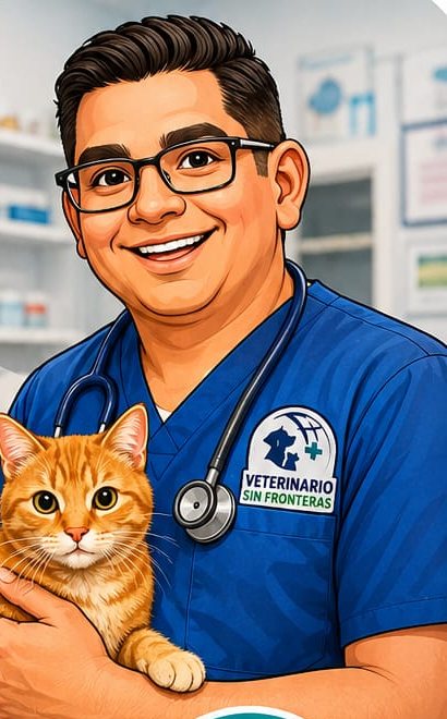 Ilustración del Dr. José Ma con un gato en brazos