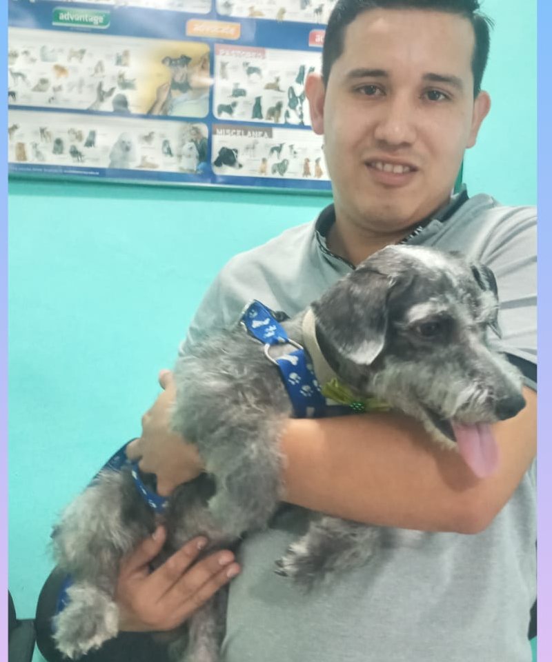 Kuky después del baño, en brazos de su dueño